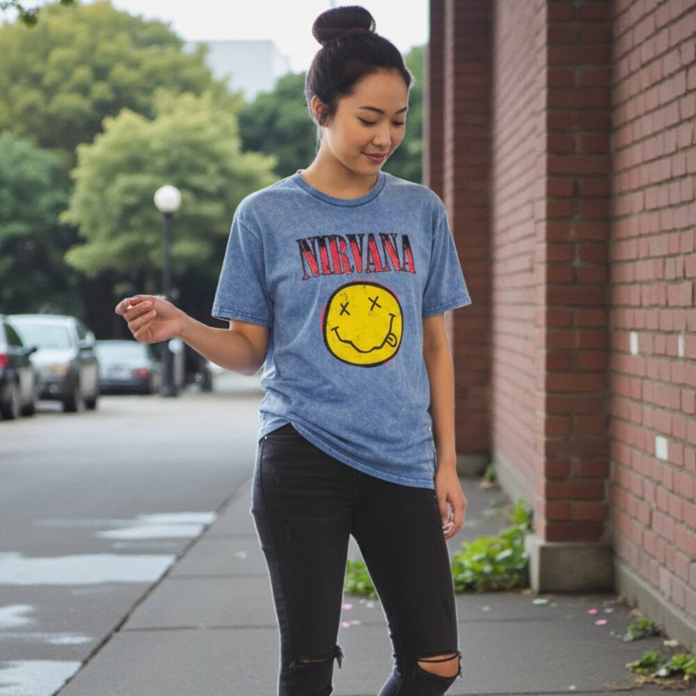 NIRVANA Blue Washed Short Sleeve Tee with Yellow Smiley Graphic